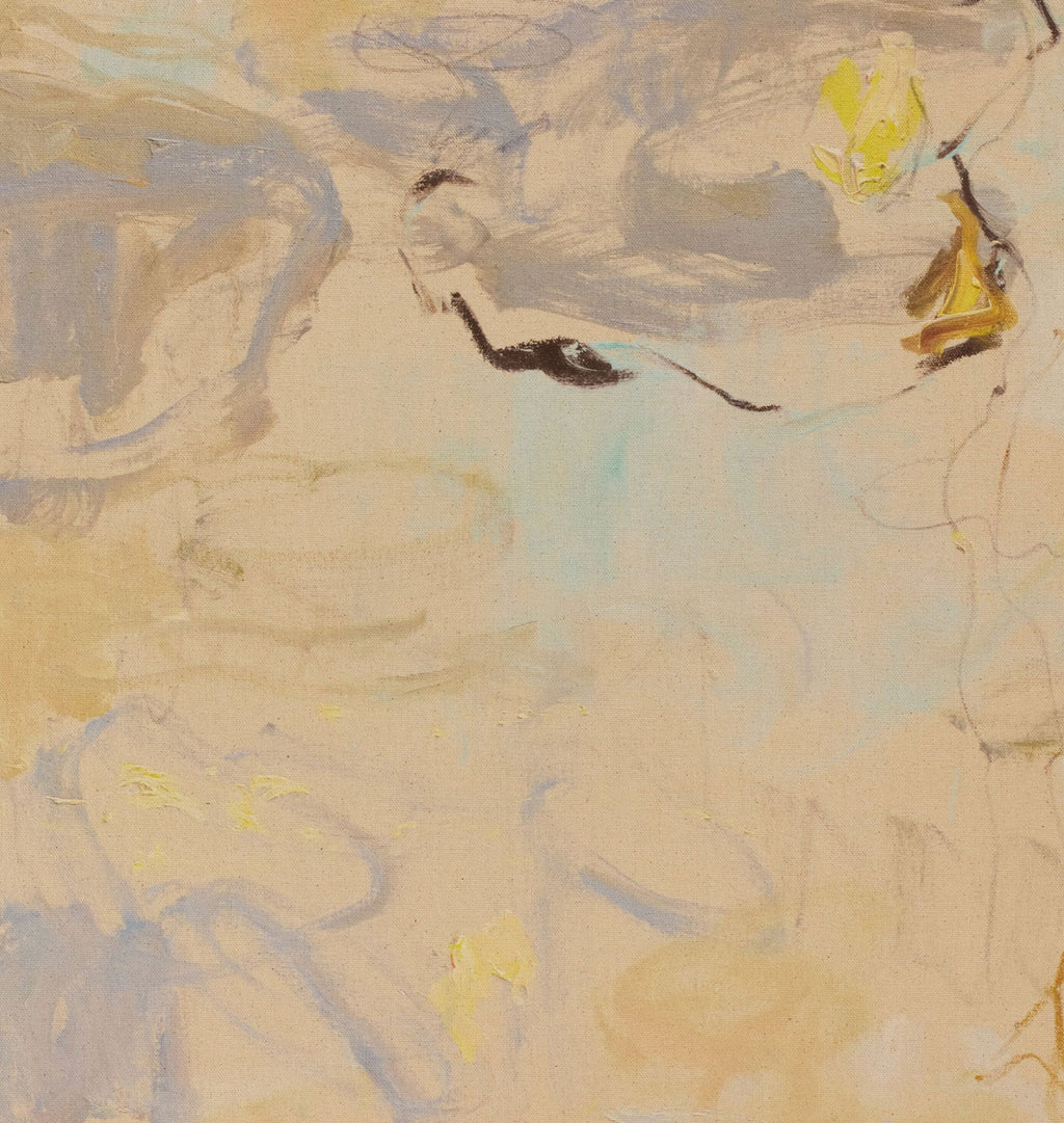 Abstract painting with loose brushstrokes in warm beige, cream, pale blue, gray, and touches of yellow and dark brown.