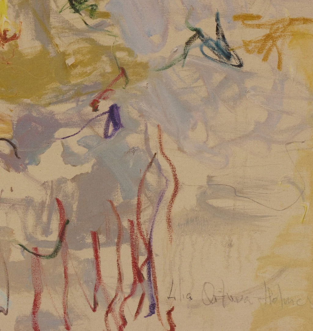 Abstract painting on textured beige paper with expressive brushstrokes in yellow, gray, blue, red, and purple, signed 'La Catrina Herrera' in the lower right.