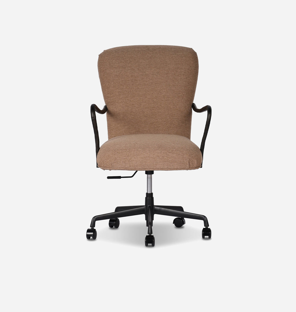 A mid-height office chair with a textured tan fabric upholstered seat and backrest, featuring black curved armrests, a black five-star wheeled base, and a silver central column, shown against a plain light gray background.