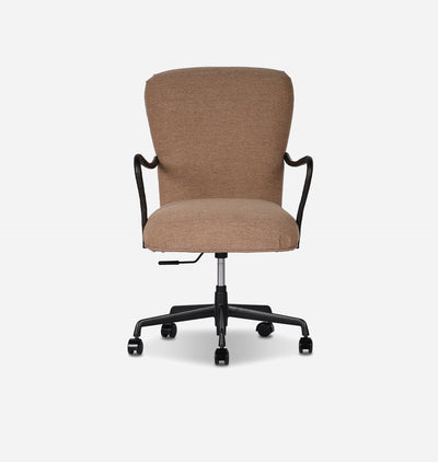 A mid-height office chair with a textured tan fabric upholstered seat and backrest, featuring black curved armrests, a black five-star wheeled base, and a silver central column, shown against a plain light gray background.