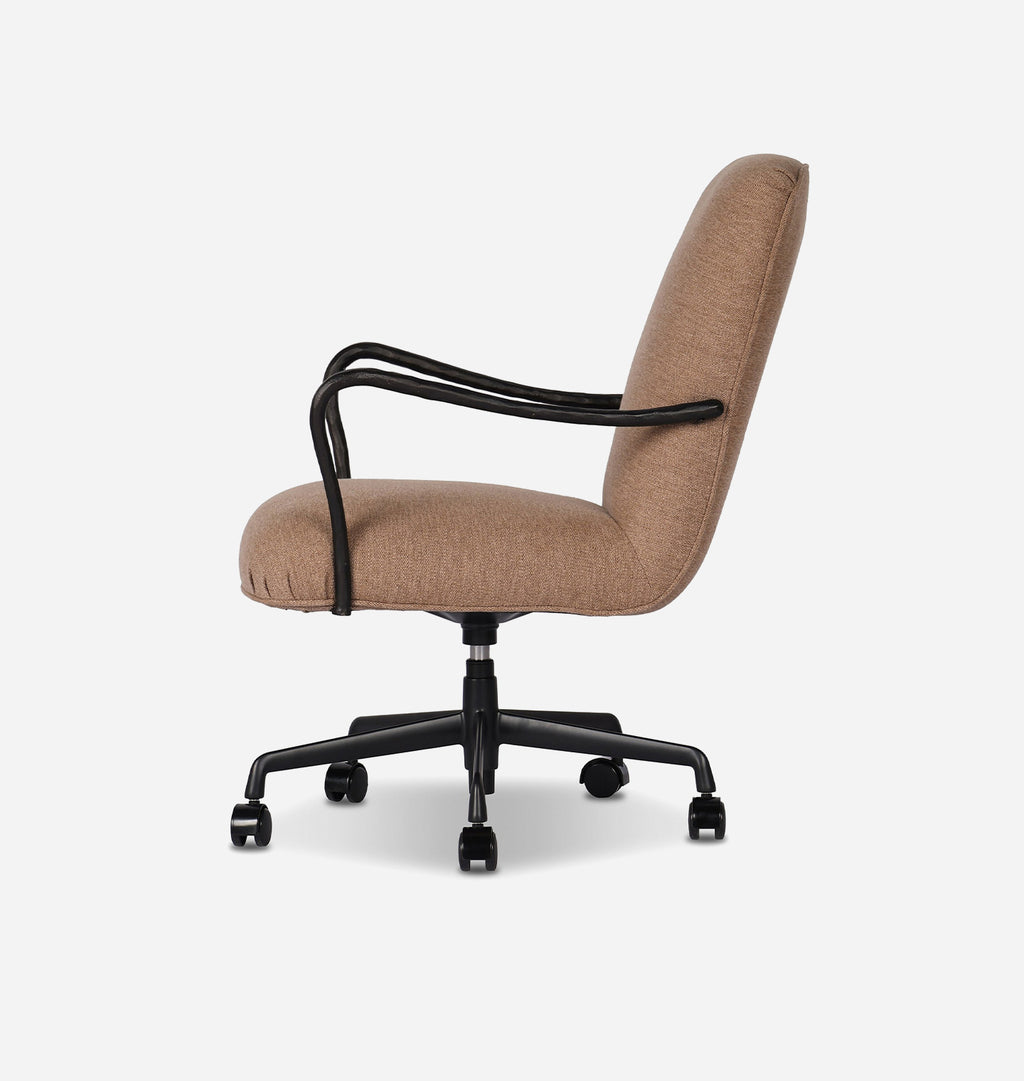 A modern office chair with a beige textured fabric upholstered seat and backrest, featuring curved black metal armrests and a black five-star wheeled base, shown against a plain light gray background.