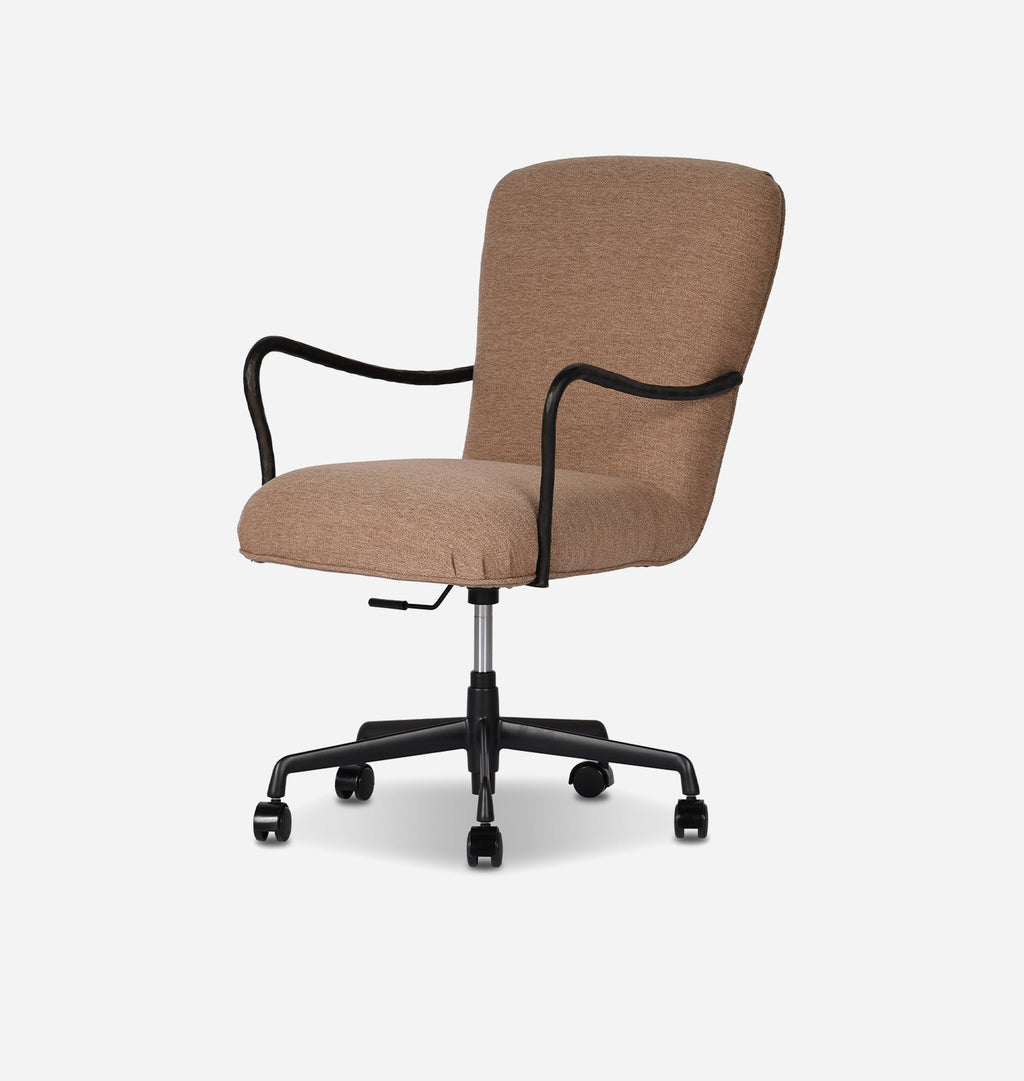 An upholstered office chair with a warm beige fabric seat and backrest, black curved armrests, and a black five-wheel base, shown against a plain light gray background.