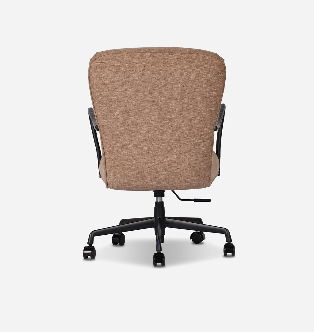 A modern office chair with a textured taupe-brown fabric upholstered seat and backrest, supported by a black five-star wheeled base with casters.
