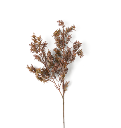 A single artificial branch with dense, feathery foliage in muted brown and bronze tones, isolated on a solid white background.