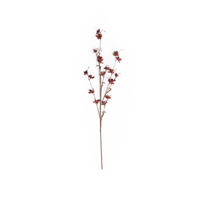  A tall branching Faux Cherry Blossom Stem covered in rich burgundy blooms, upright on a white background