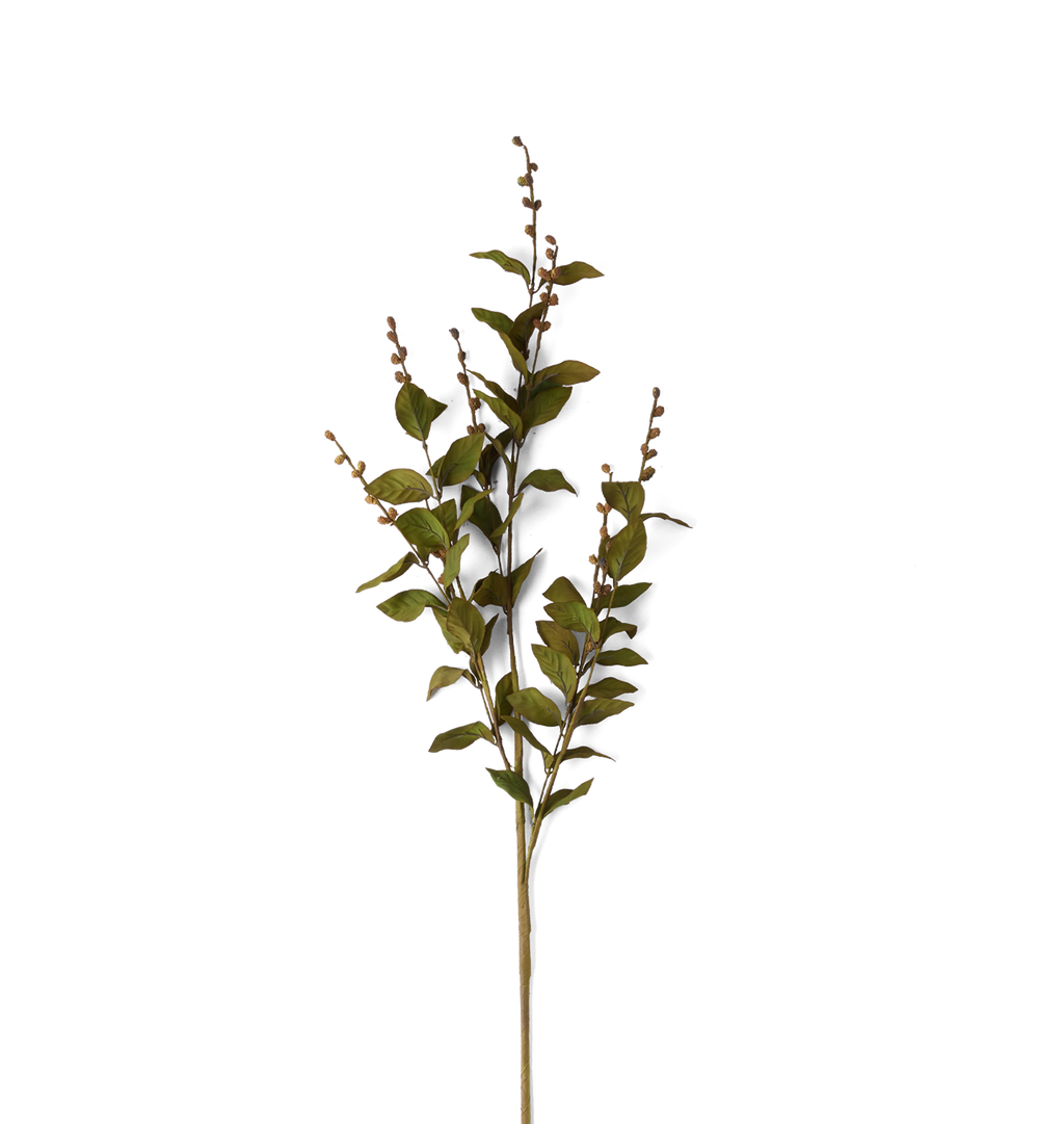 An artificial green leafy branch with small brown buds, isolated on a solid white background.
