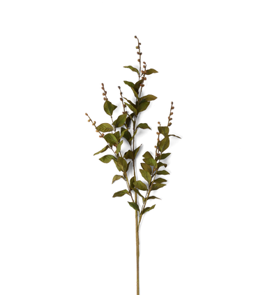 An artificial green leafy branch with small brown buds, isolated on a solid white background.