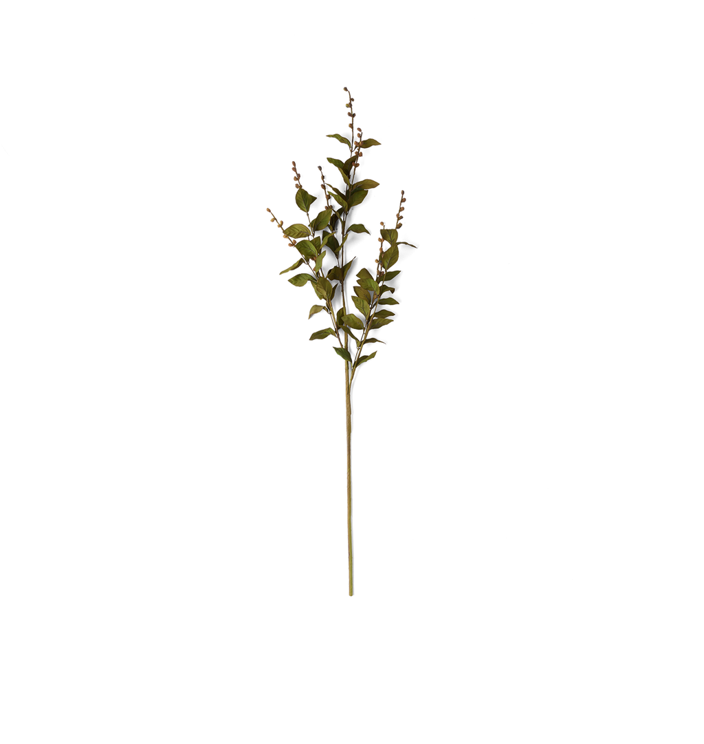An artificial flowering branch with green leaves and small pinkish-brown buds on a long stem, isolated on a white background.