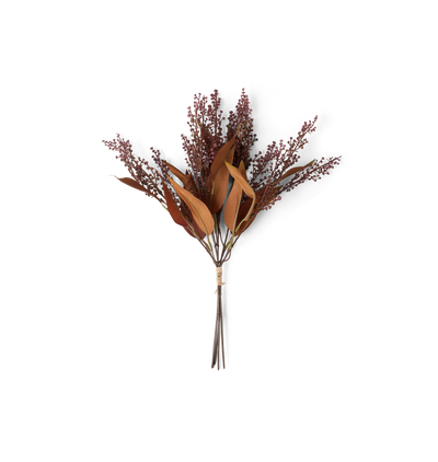 A faux floral arrangement featuring reddish-brown leaves and small berry-like clusters on a white background.