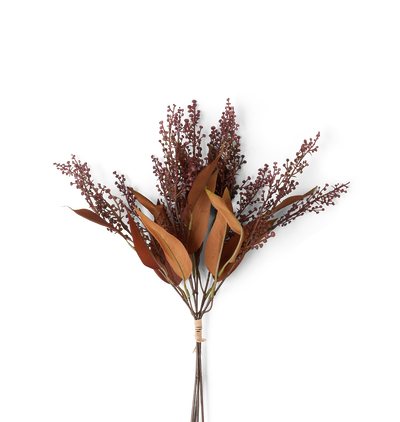 An artificial autumnal floral stem bundle featuring rust-brown leaves and clusters of small dark burgundy berries, tied with a simple paper band at the stem, set against a solid white background.