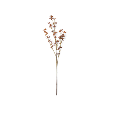 A single artificial decorative branch with small brown leaves and tiny orange-brown flower buds on a plain white background.