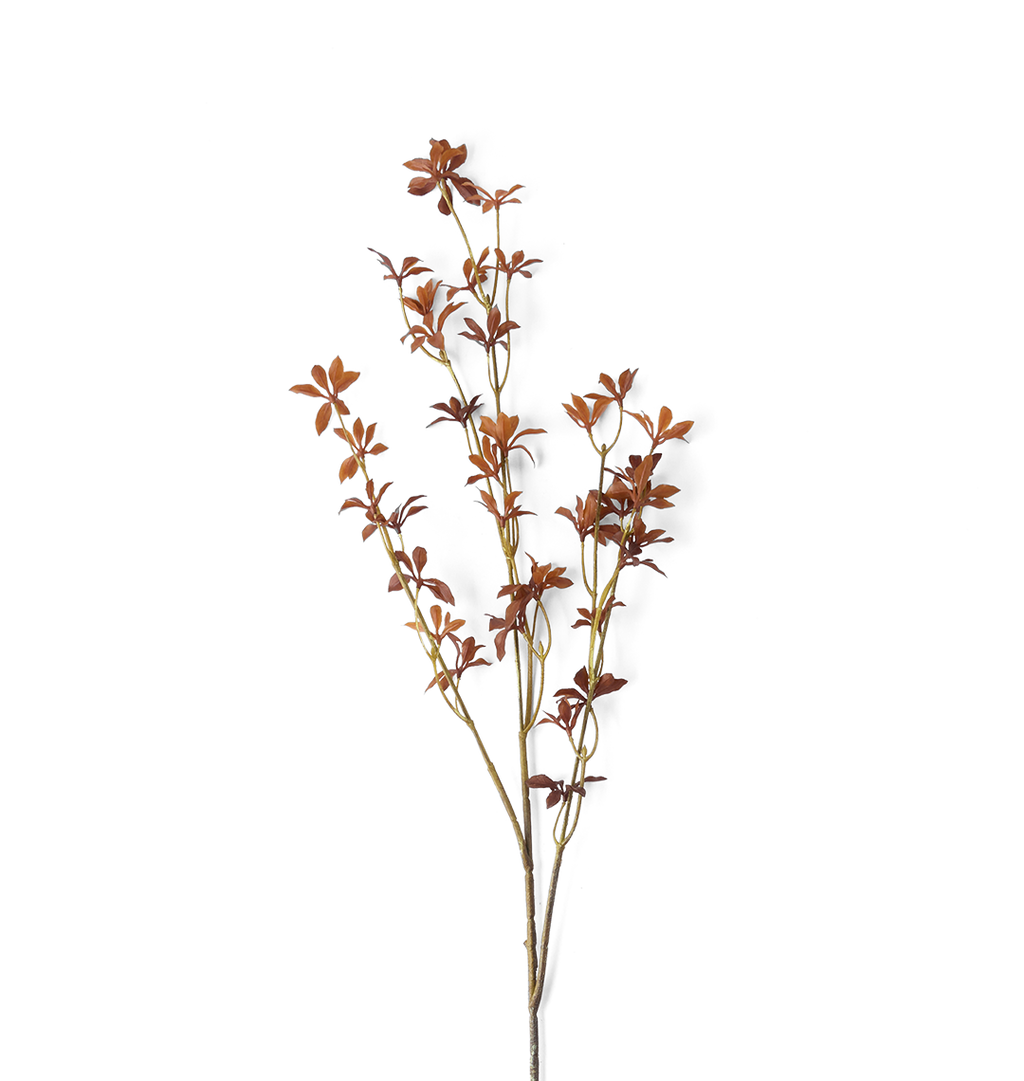 A single faux ludwigia branch with small reddish-brown leaves on a plain white background.