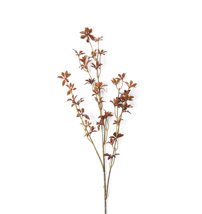 A single faux ludwigia branch with small reddish-brown leaves on a plain white background.