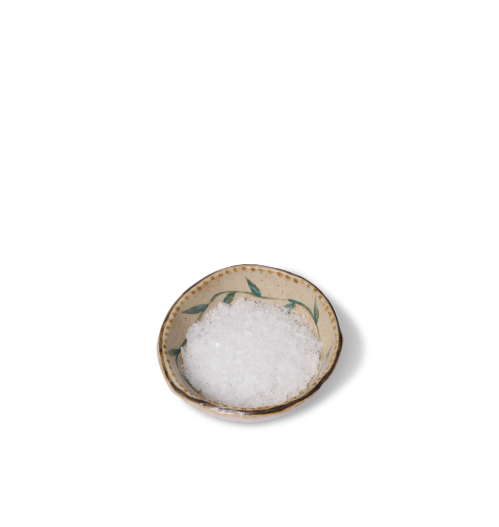 A round ceramic salt bowl with an organic rim, decorated with a green leafy vine border and a gold dotted accent line  filled with salt on a white background