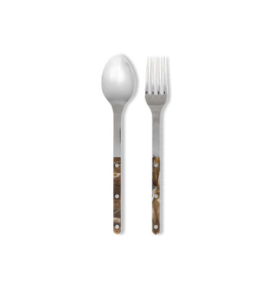 A stainless steel serving spoon and fork with decorative brown and gold mother-of-pearl handles, shown on a plain white background.