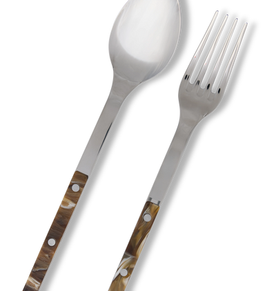 A stainless steel serving spoon and fork with decorative brown and gold mother-of-pearl handles, shown on a plain white background.