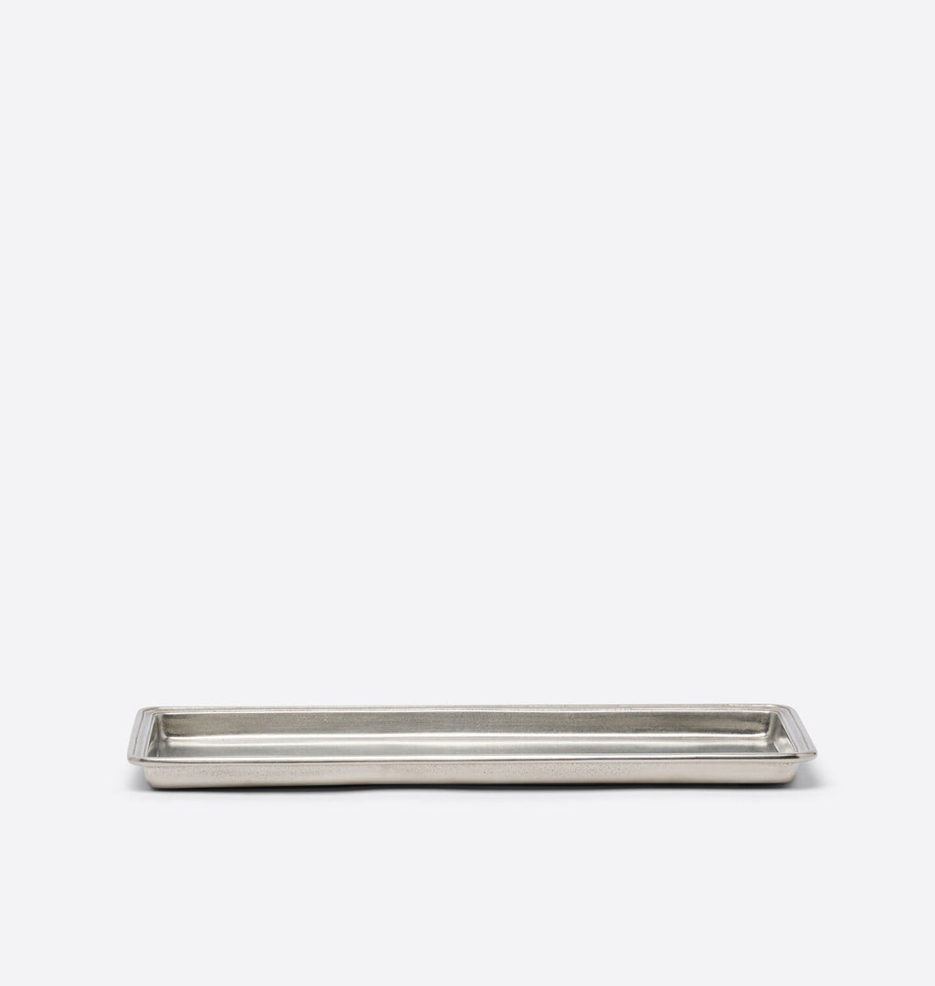 Rectangular pewter tray on a white background
