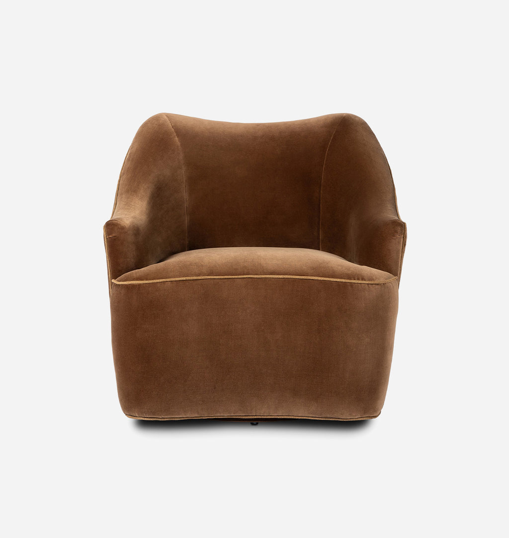 A modern barrel-style armchair upholstered in rich brown velvet, shown from the front against a clean white background.