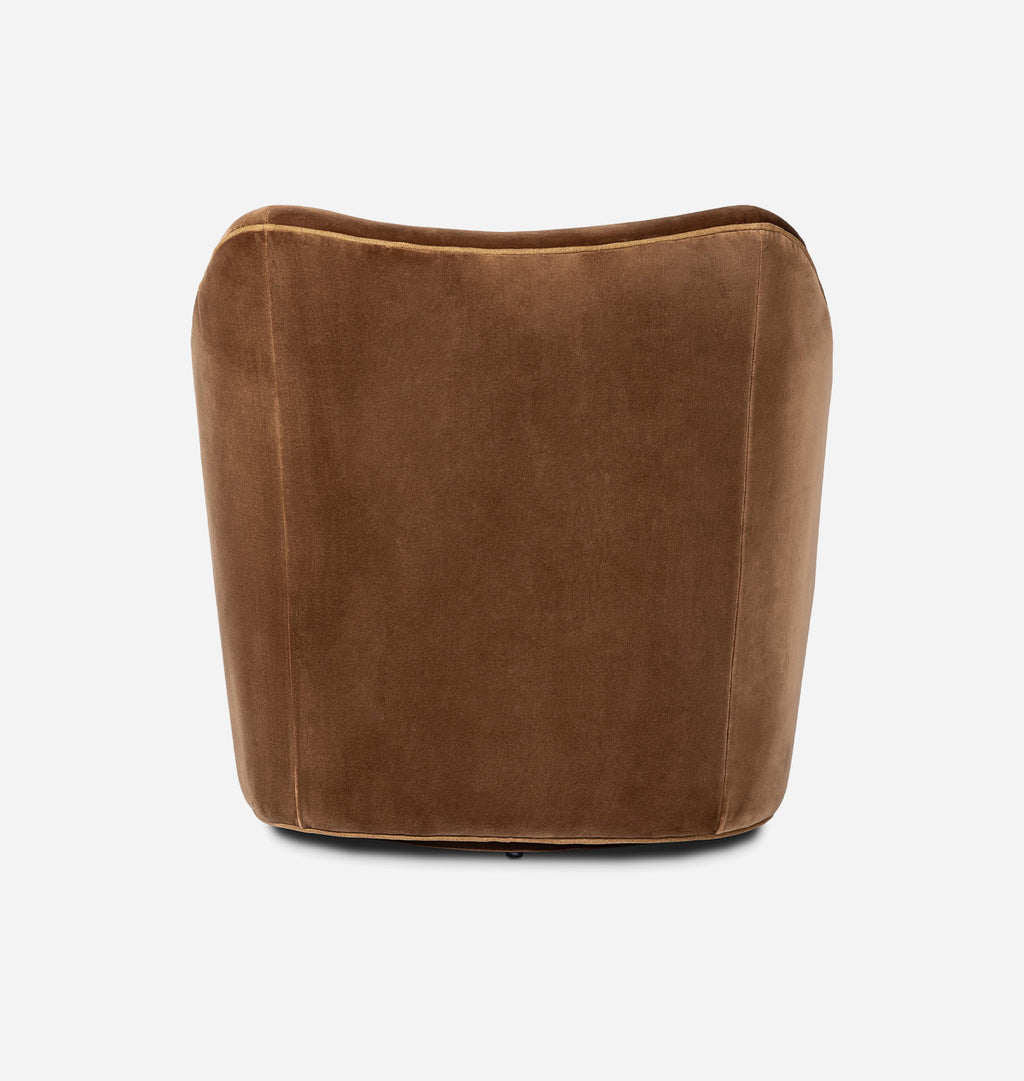 A brown velvet armchair shown from the back against a clean white background.