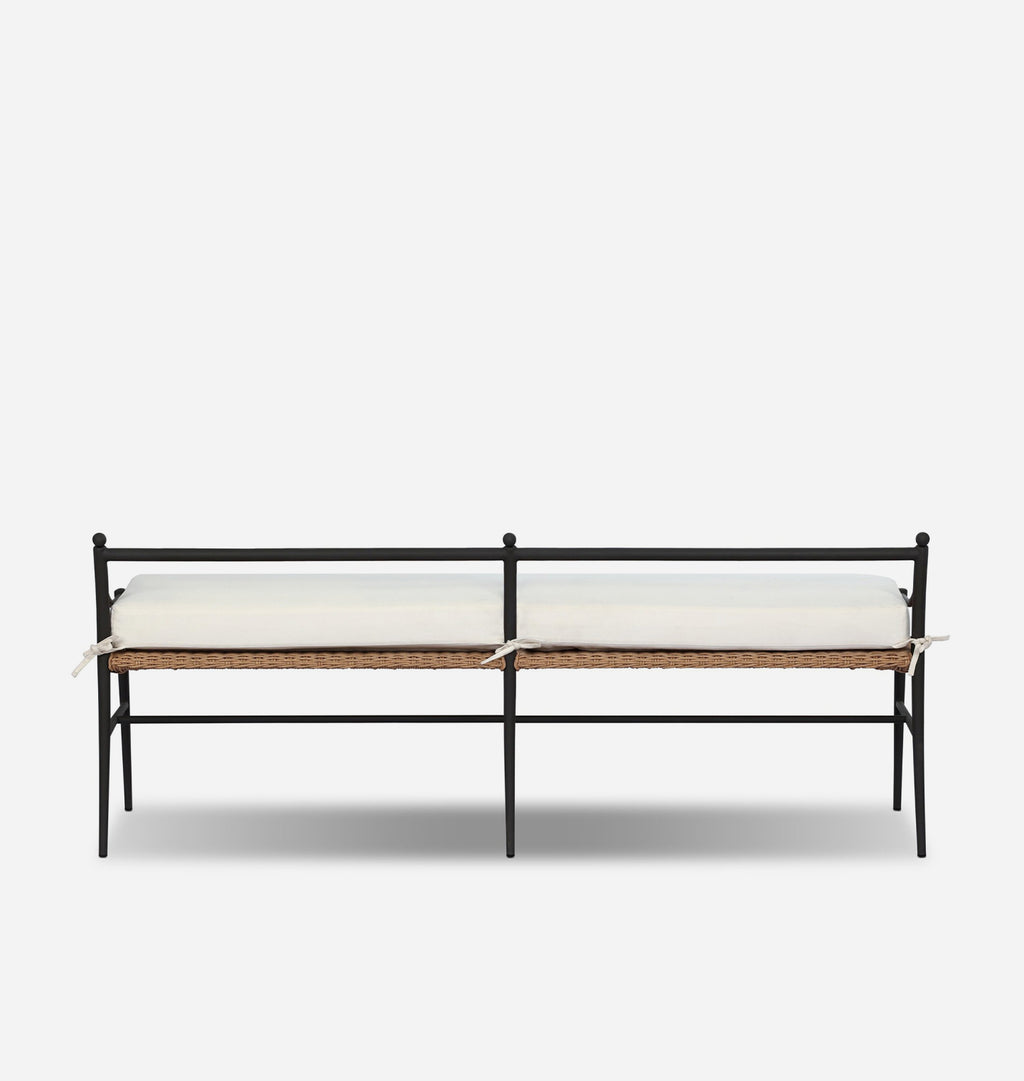 A modern outdoor bench with a black metal frame, a natural woven rope seat, and two off-white cushions, shown against a light gray background.
