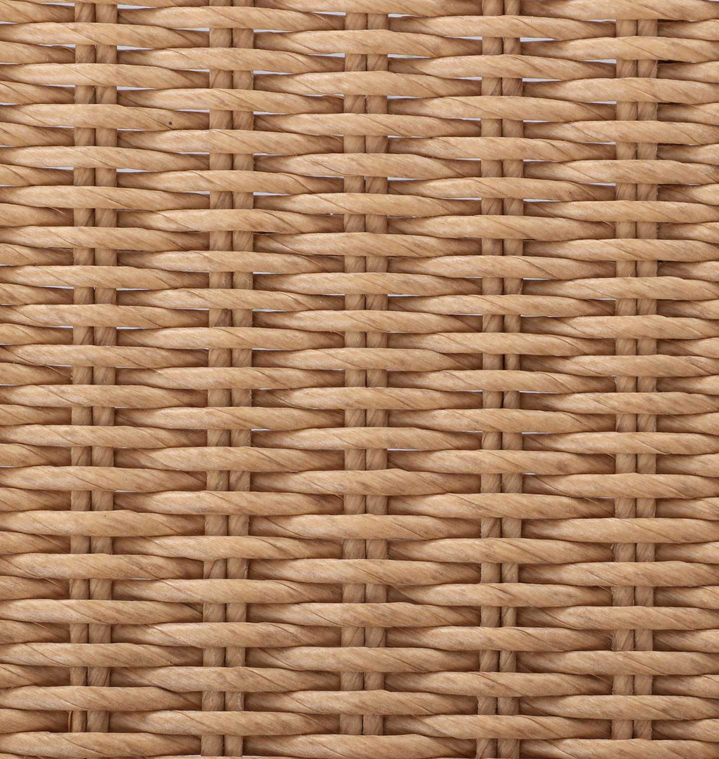 Close-up of a woven natural fiber material, showing a tight basketweave pattern in warm tan and light brown tones.