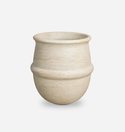 A small, rounded ceramic planter or cup with a textured, sandy beige finish, featuring a flared rim and a horizontal band detail on the middle section, set against a plain light gray background.