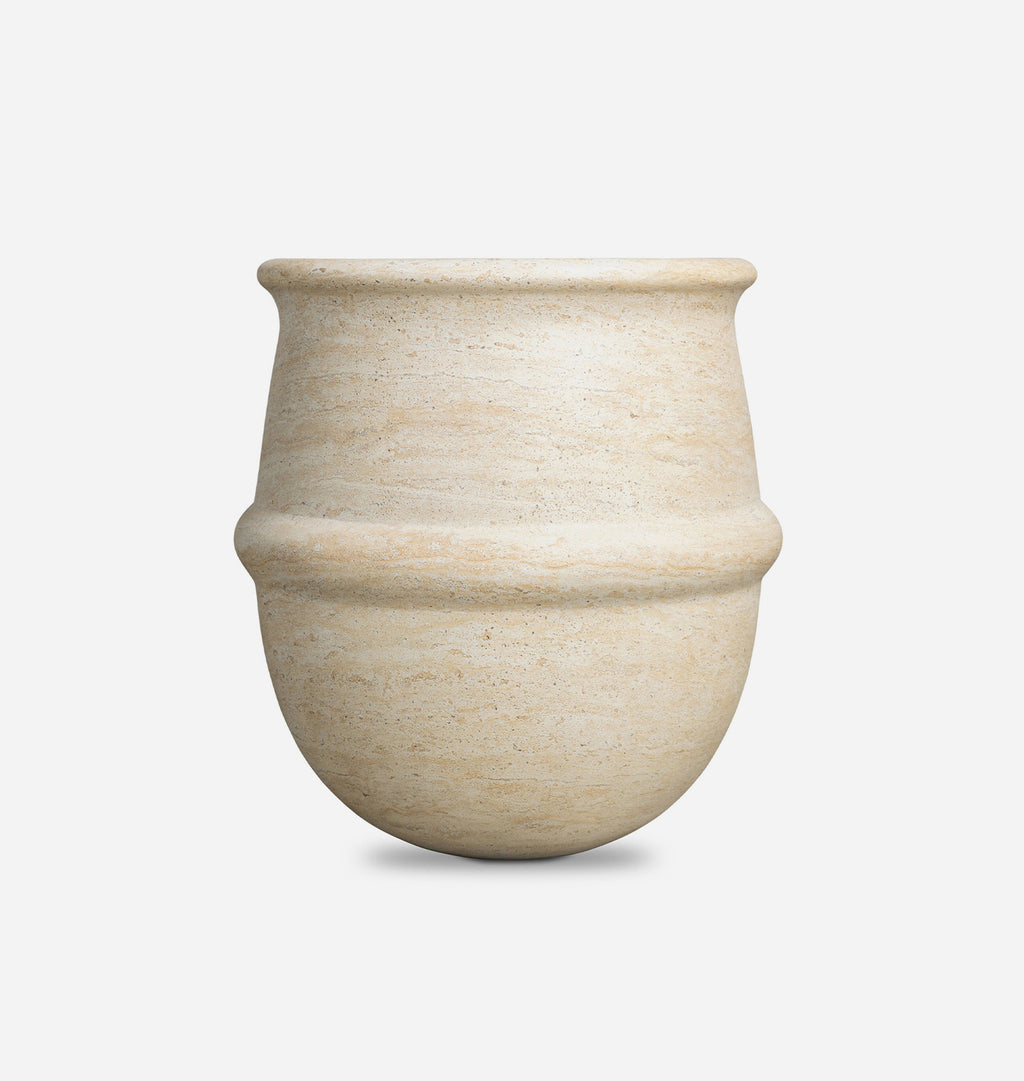 A small, rounded ceramic planter pot with a textured, sandy beige finish, featuring a flared rim and subtle horizontal ridges, shown on a clean white background.