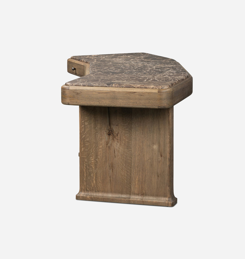 A rustic wooden side table with a hexagonal top, featuring a dark textured stone or marble-look surface and a weathered brown wood base, shown on a plain light gray background.