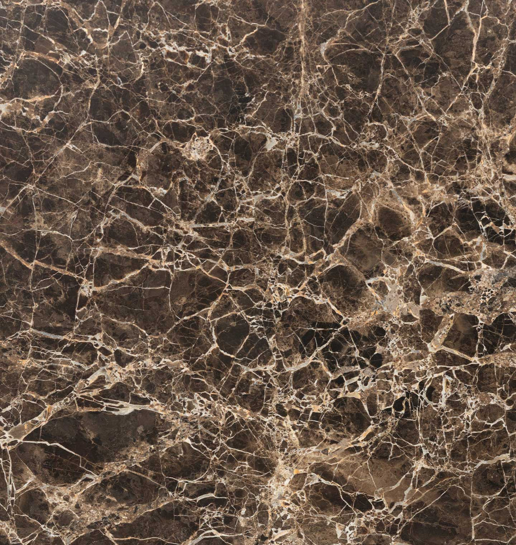 Dark brown marble texture with intricate beige and cream veining throughout the surface.