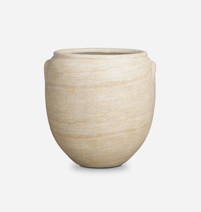 A small round planter pot made of natural beige stone with subtle horizontal striations, featuring two side handles and a wide rim, shown on a light gray background.