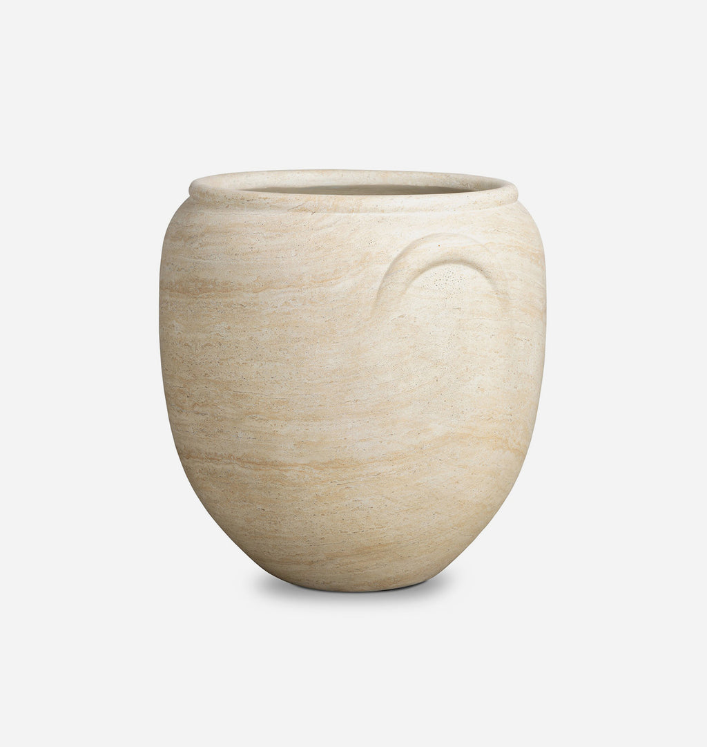 A light beige stone planter pot with a subtle textured grain and a small curved recessed detail on the side, shown against a plain light gray background.