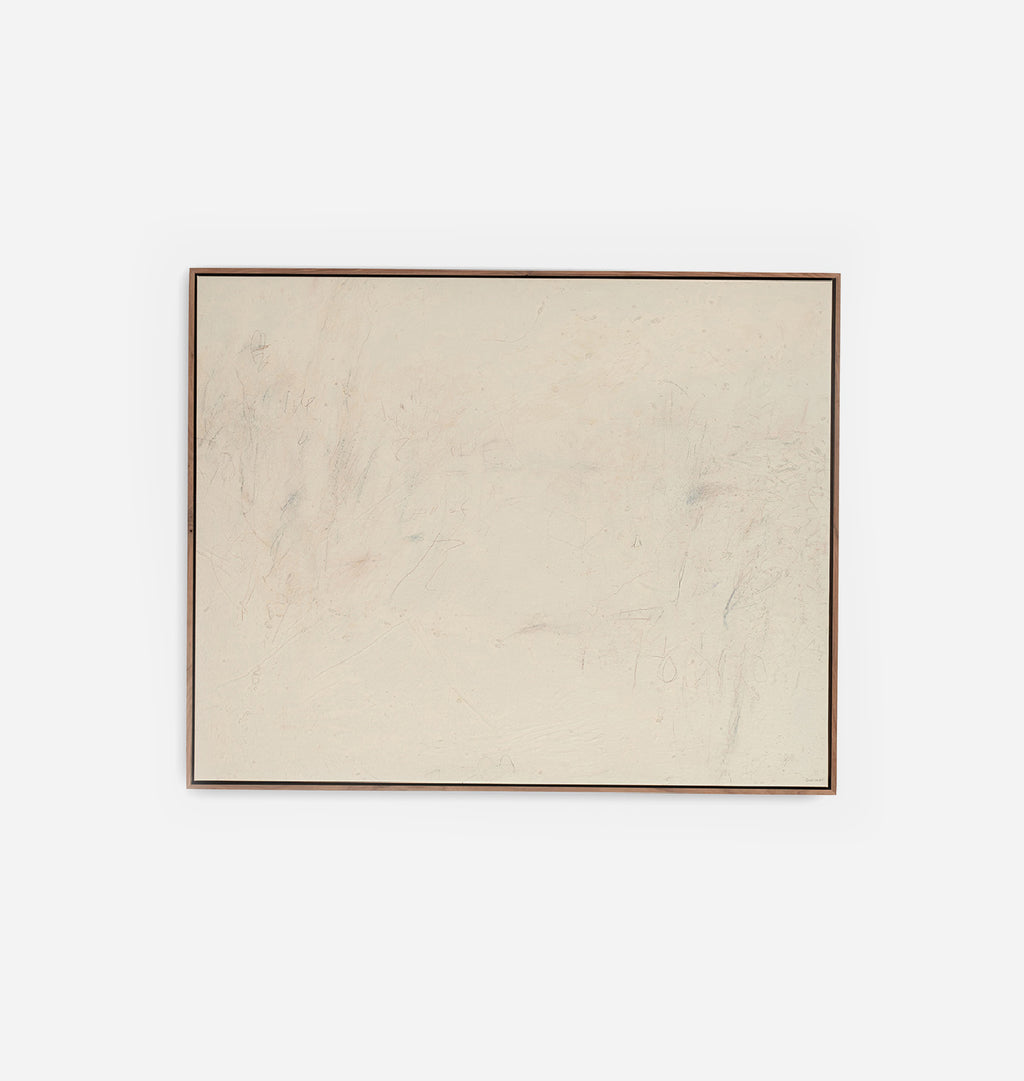 A minimalist framed square canvas featuring a textured off-white surface with faint gray and beige brushstrokes, enclosed in a thin dark brown wooden frame against a clean white background.