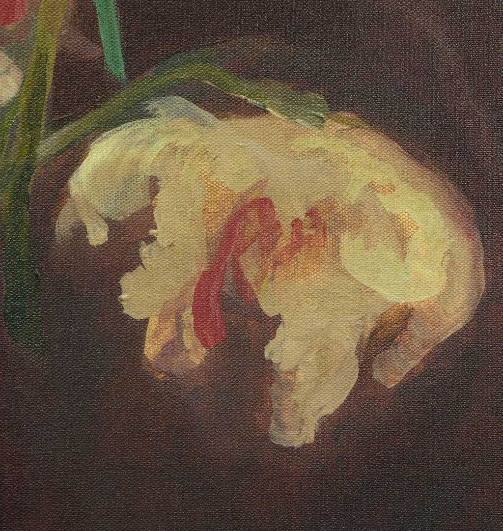 A close-up painting of a pale cream flower with soft yellow and red undertones, surrounded by green leaves against a dark brown background.