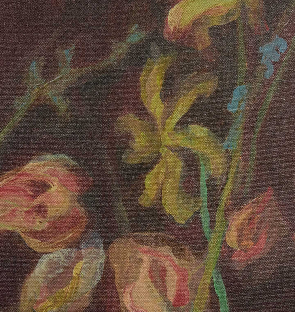 An oil painting depicting a close-up floral scene with yellow iris-like flowers and pinkish-red blossoms on a dark, textured background.