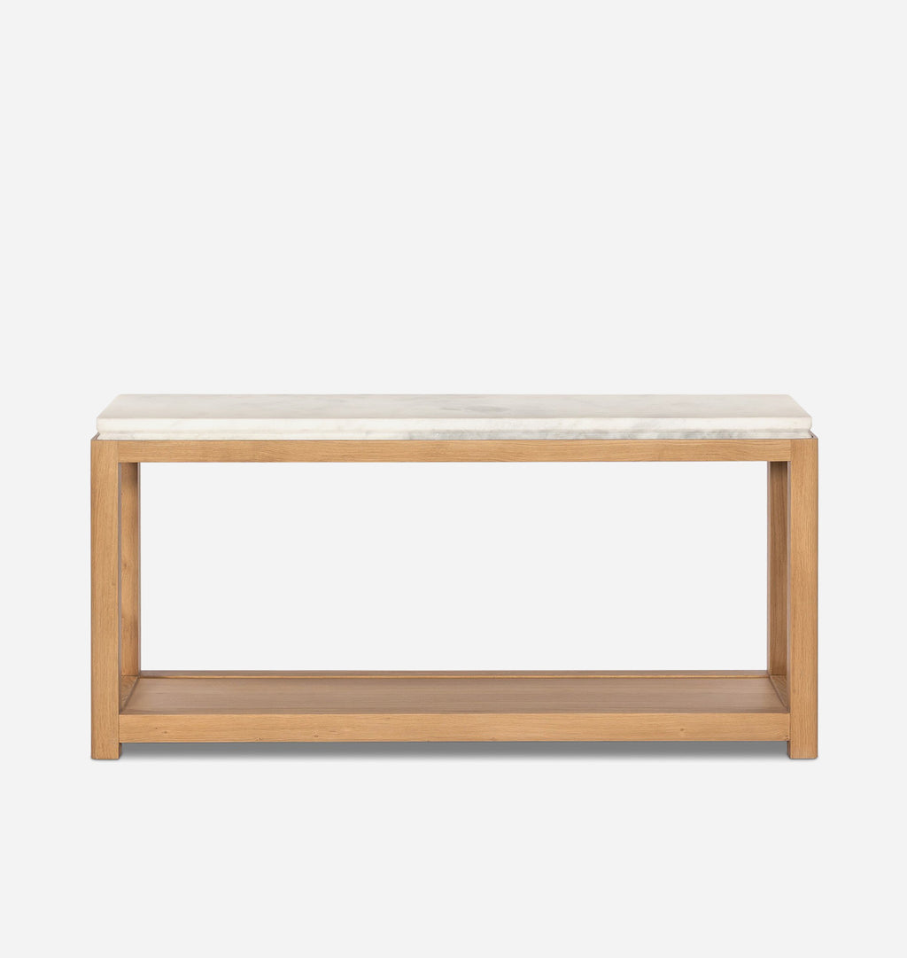 A modern wooden console table with a light oak frame, an open lower shelf, and a white marble top with subtle gray veining, shown against a plain light gray background.