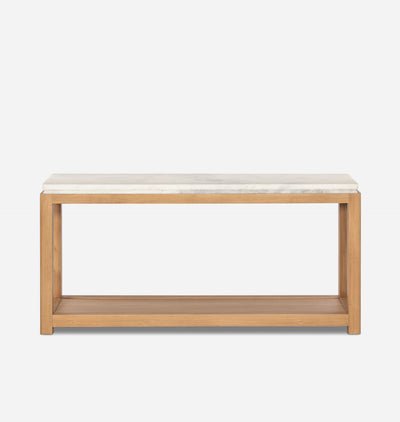 A modern wooden console table with a light oak frame, an open lower shelf, and a white marble top with subtle gray veining, shown against a plain light gray background.