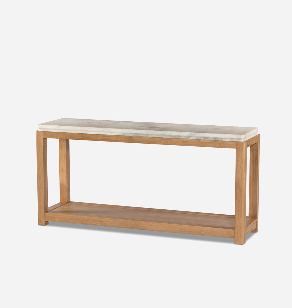 A modern console bench with a light oak wood frame, featuring a white marble top and a lower wooden shelf, shown on a light gray background.