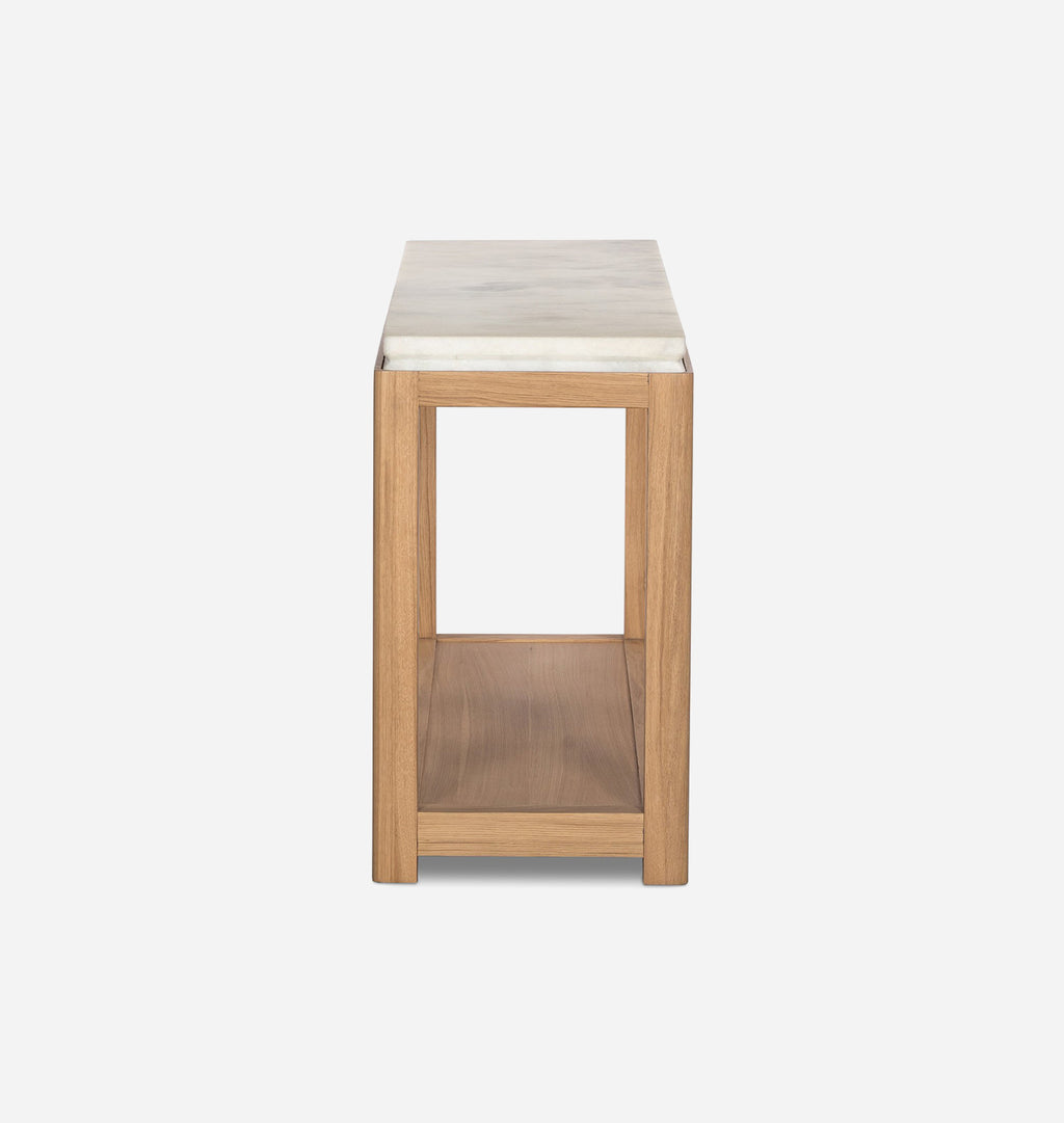 A modern side table featuring a light oak wood frame and a white marble top, shown from a front-facing perspective against a plain white background.