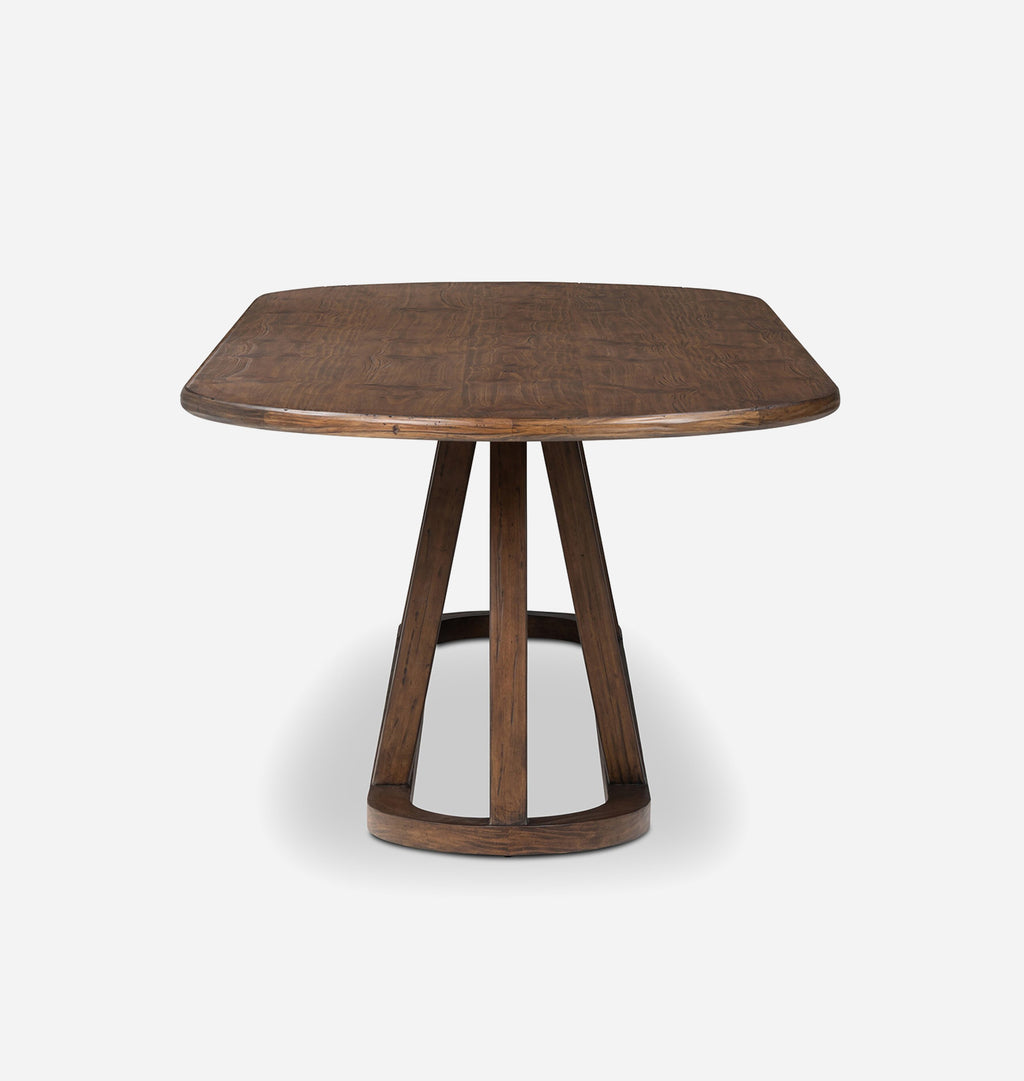 A square wooden dining table with a dark brown finish and a sculptural tripod base, shown on a light gray background.