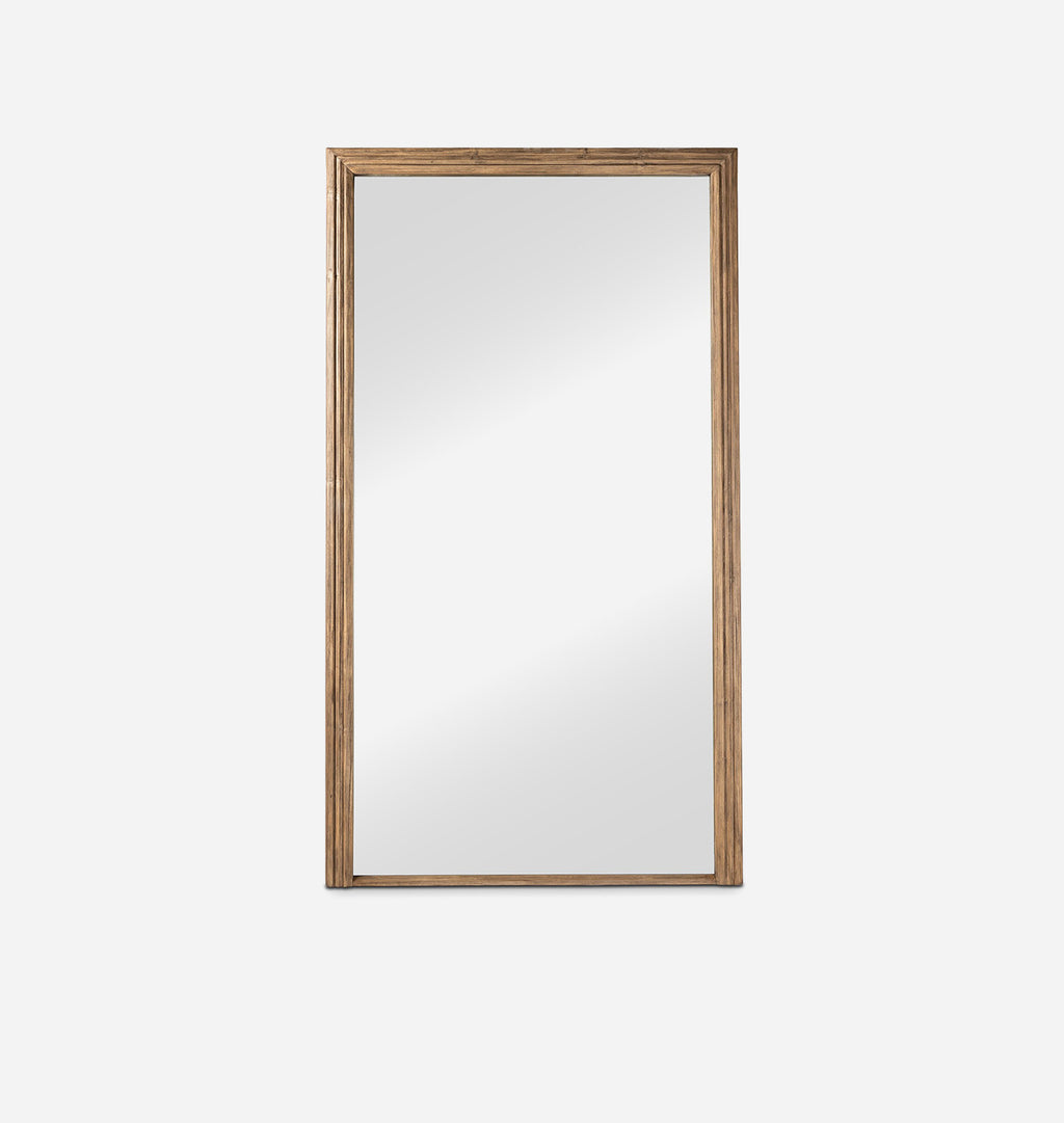 A tall rectangular wall mirror with a rustic, weathered brown wooden frame, shown against a plain light gray background.