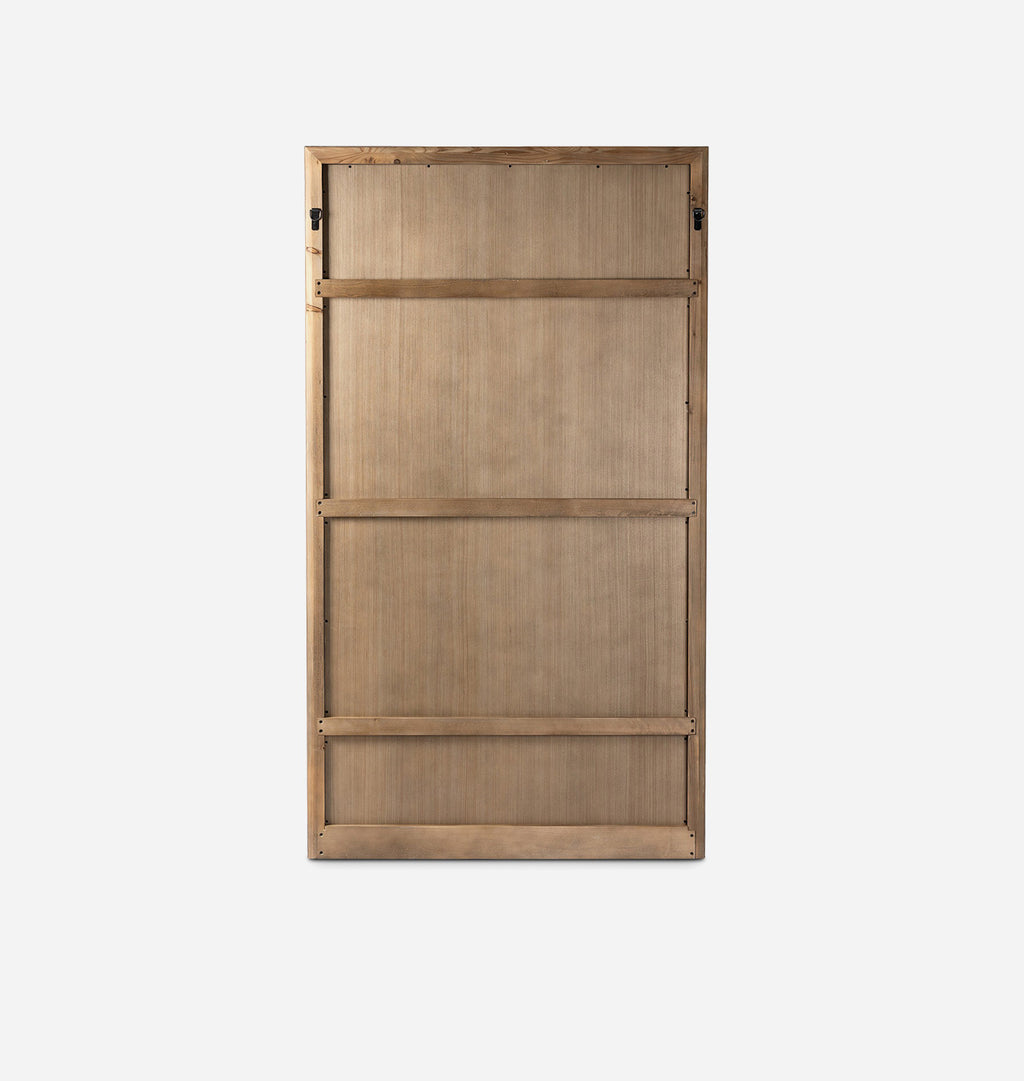 A tall rectangular wooden panel or door with three horizontal dividers and small metal hinges at the top corners, shown against a plain light gray background.