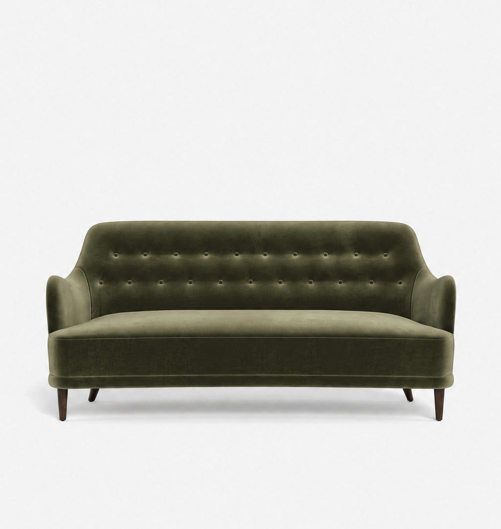 An olive green velvet loveseat sofa with a tufted backrest and dark wooden legs, shown against a plain white background.