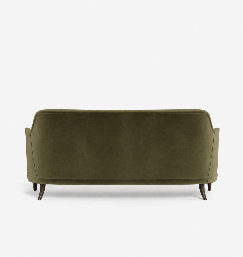 An olive green velvet loveseat sofa shown from the back, featuring dark tapered legs, set against a plain white background.