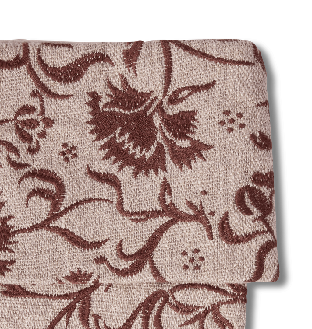 A close up detail shot of an embroidered pattern on the corner of a stocking set against a white background 