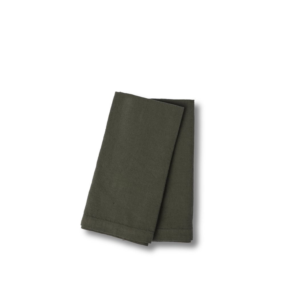 A folded set of two olive green napkins with a stitched hem, displayed on a clean white background.