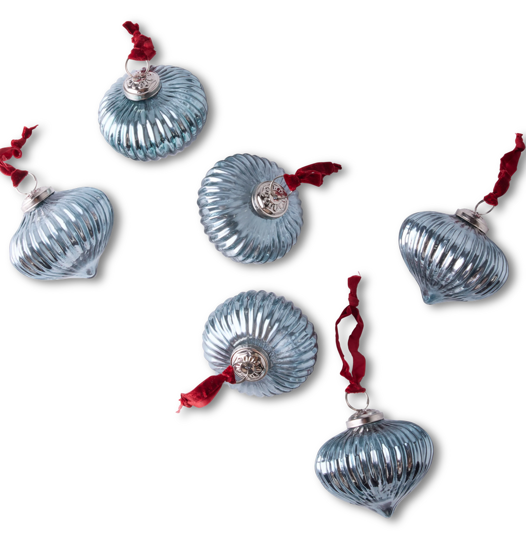 light blue glass ribbed ornaments on a red velvet ribbon, set of 6