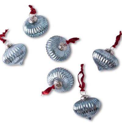 light blue glass ribbed ornaments on a red velvet ribbon, set of 6