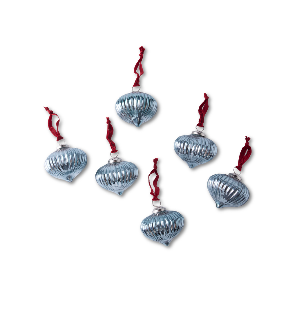 light blue glass ribbed ornaments on a red velvet ribbon, set of 6