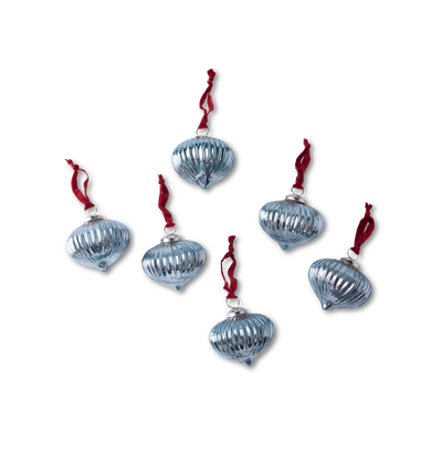 light blue glass ribbed ornaments on a red velvet ribbon, set of 6