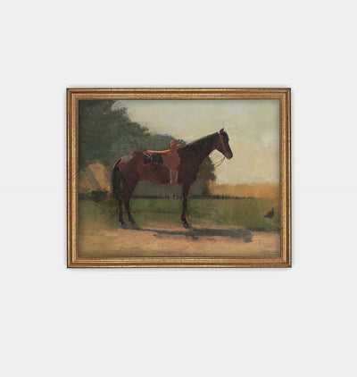 Saddle Horse in Farmyard Framed Print Gold